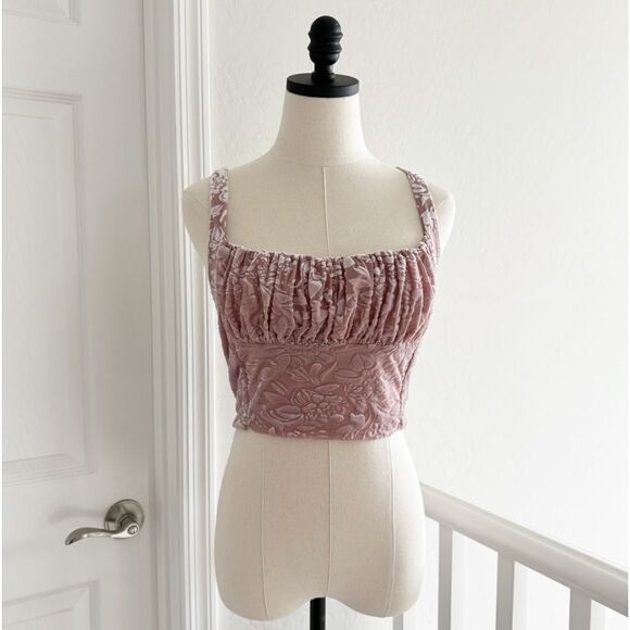 Velvet tank top cropped bustier milkmaid Dusty Rose pink Floral coquette sexy - Picture 5 of 14